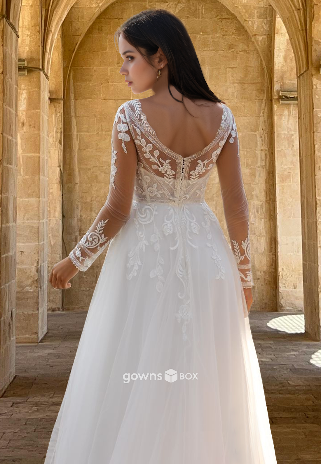 Applique Long Tulle Wedding Dress V-Neck A-Line Sleeves Bridal Gown-GownsBox