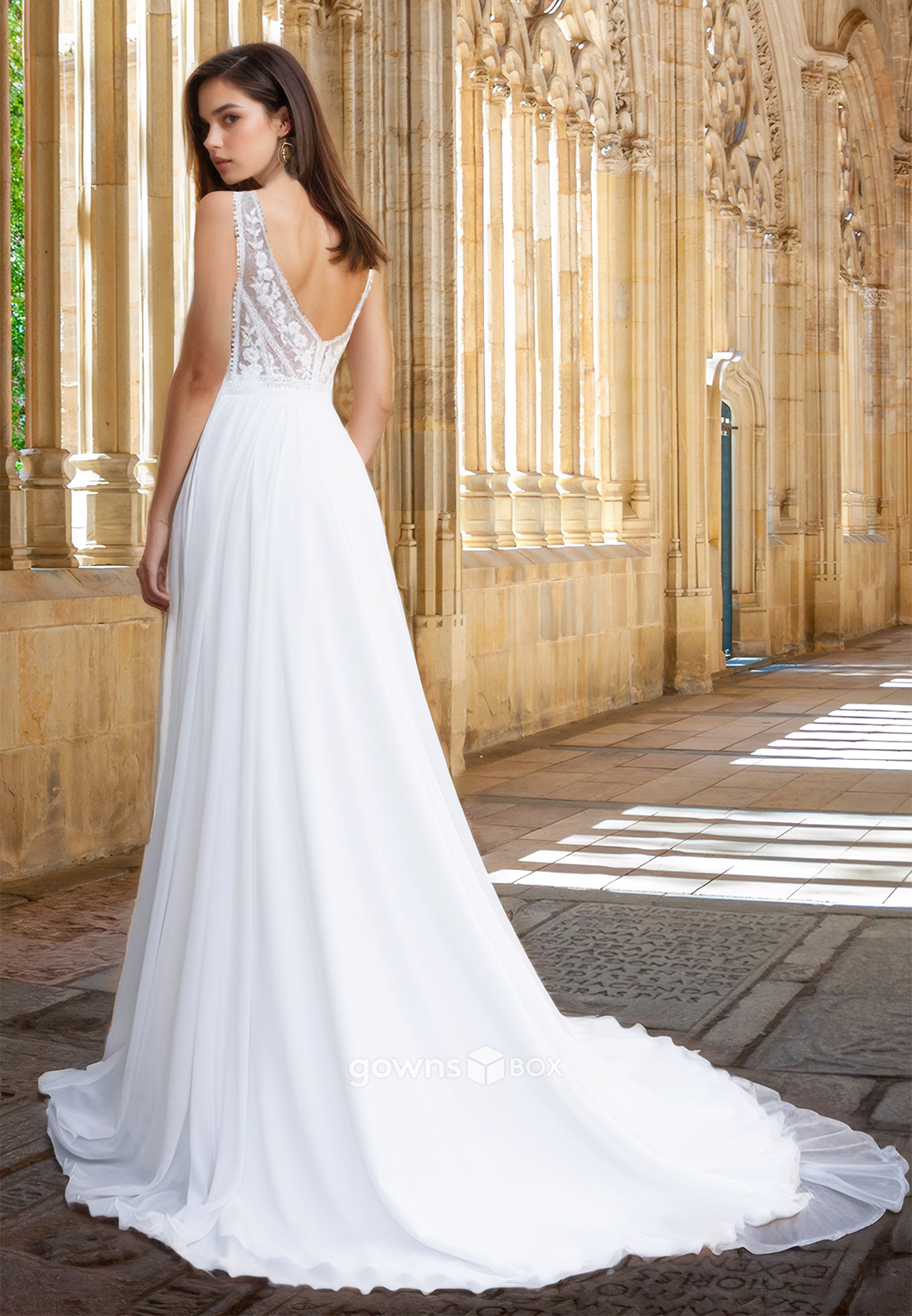 2025 V-Neck Tulle Applique Sleeveless A-Line with Train Beach Wedding Dress-GownsBox