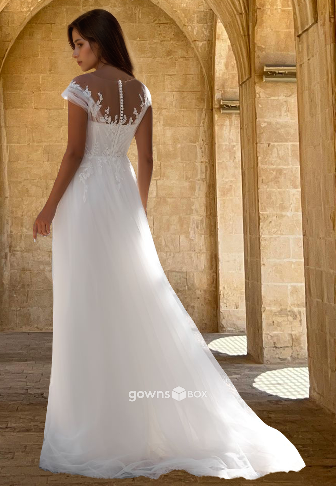 Classic Off-Shoulder Applique A-Line Tulle Wedding Dress Bridal Gown-GownsBox