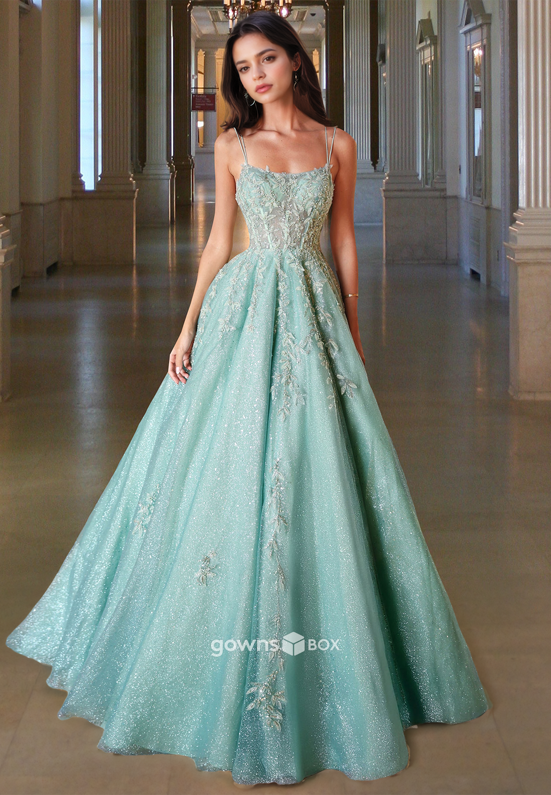 Spaghetti Straps Floral Applique A-Line Long Evening Dress Prom Ball Gown-GownsBox