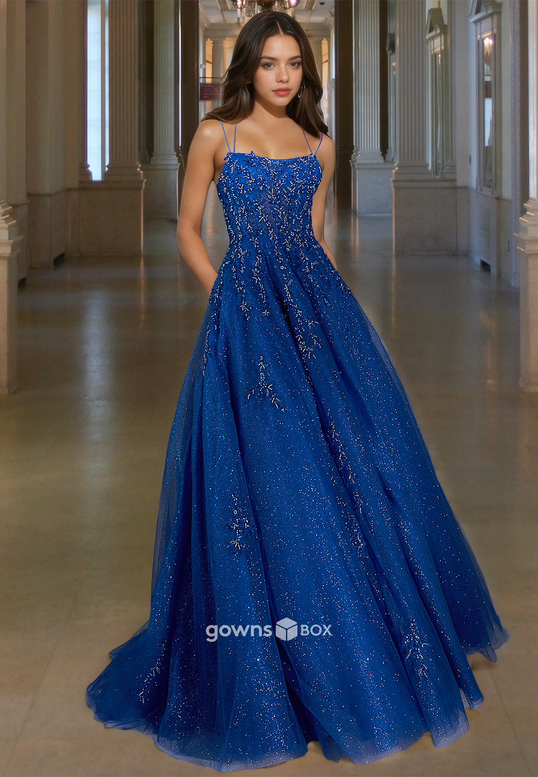 Spaghetti Straps Floral Applique A-Line Long Evening Dress Prom Ball Gown-GownsBox