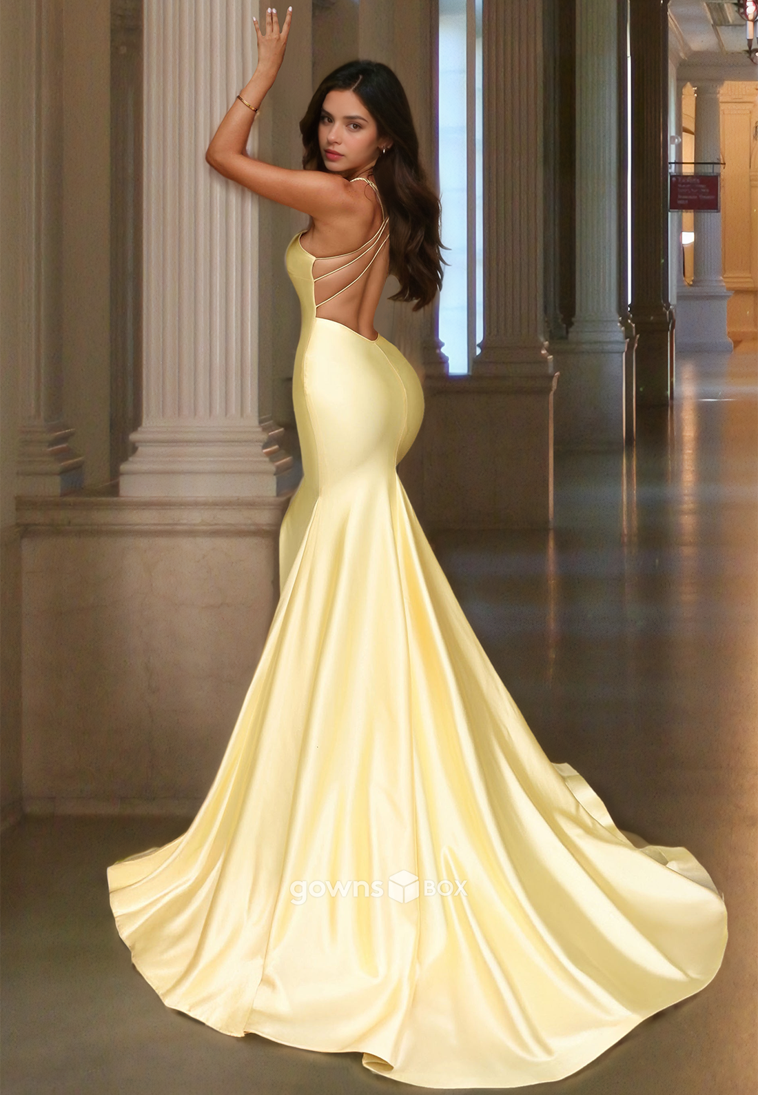 Yelow Simple Spaghetti Straps V-Neck Mermaid Long Evening Dress-GownsBox