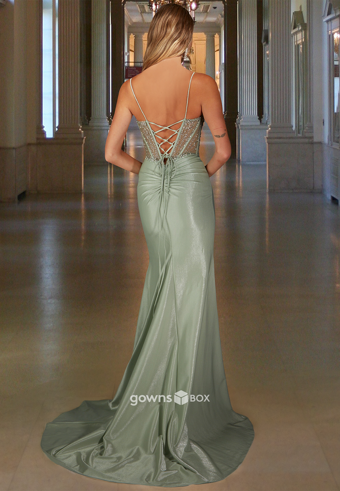 Sexy Spaghetti Straps Beaded Bodice Trumpet Satin Evening Dress-GownsBox