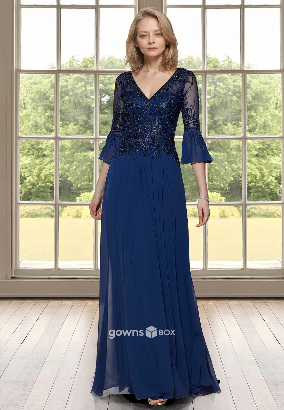 Applique V-Neck Sleeves A-Line Chiffon Long Mother of the Bride Dress-GownsBox