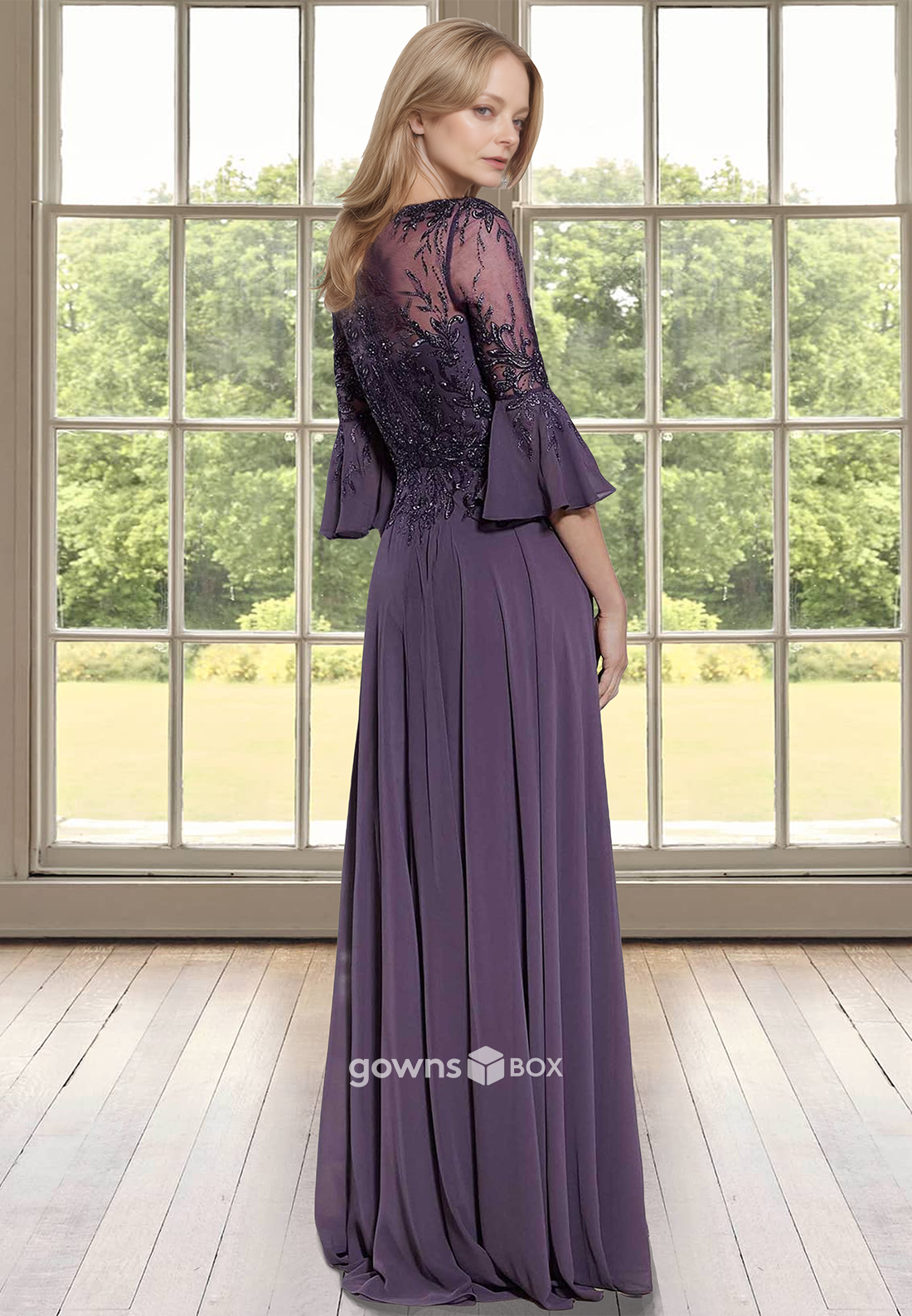 Applique V-Neck Sleeves A-Line Chiffon Long Mother of the Bride Dress-GownsBox