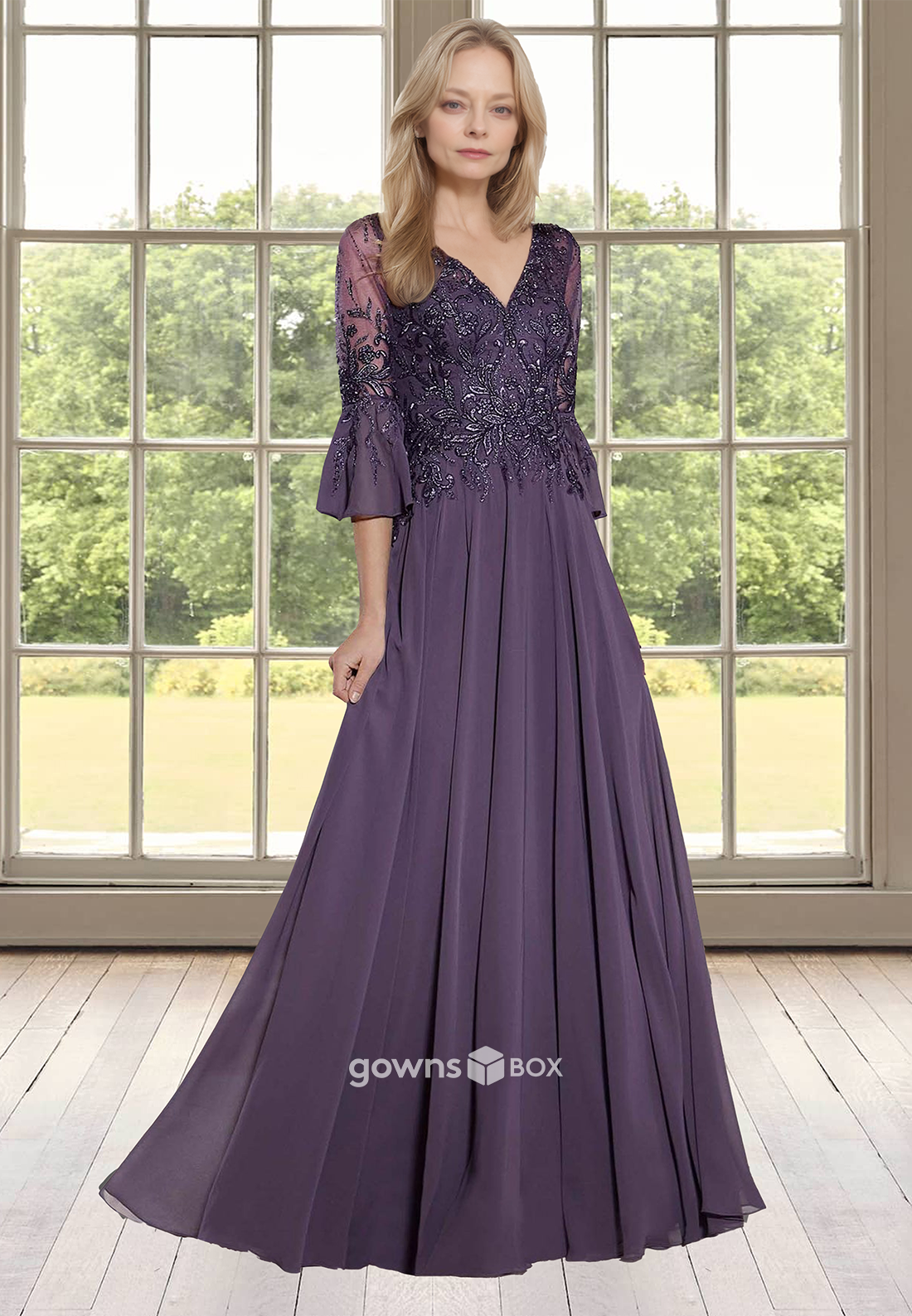 Applique V-Neck Sleeves A-Line Chiffon Long Mother of the Bride Dress-GownsBox
