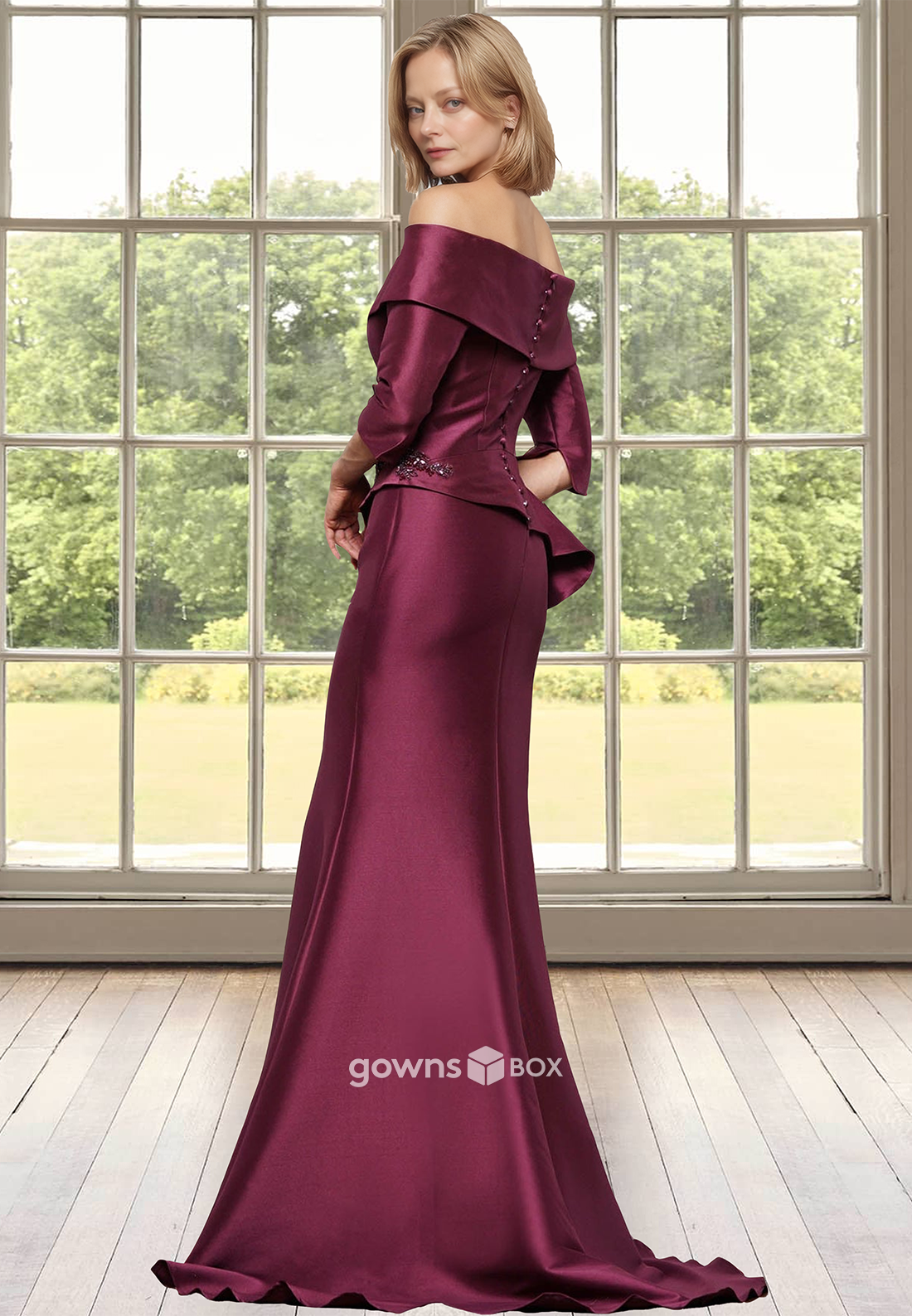 Off-Shoulder Ruched Applique Satin Trumpet  Mother of the Bride Wedding Guest Dress-GownsBox