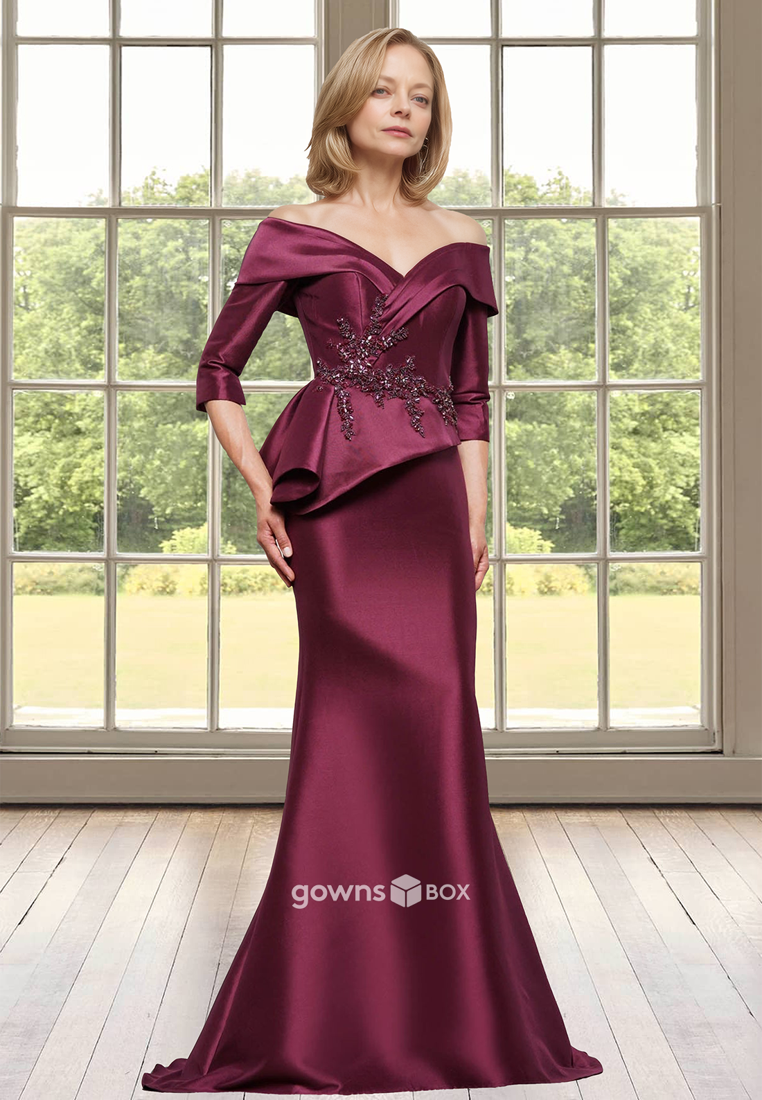 Off-Shoulder Ruched Applique Satin Trumpet  Mother of the Bride Wedding Guest Dress-GownsBox