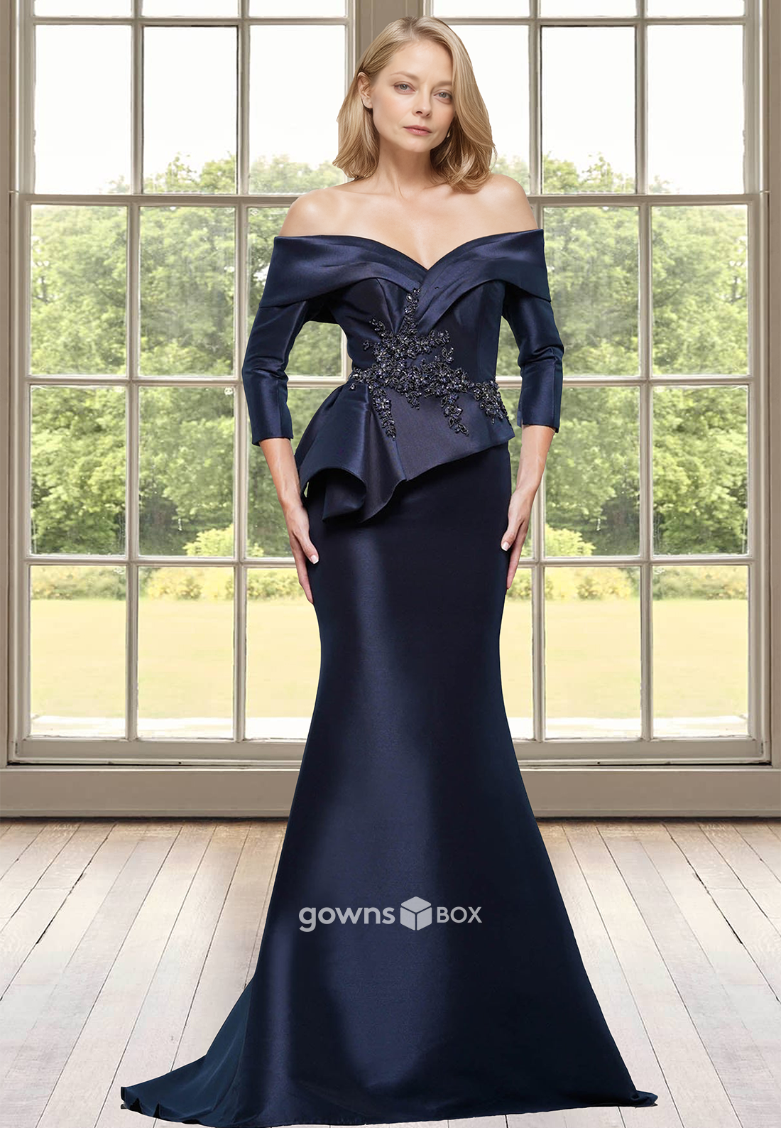 Off-Shoulder Ruched Applique Satin Trumpet  Mother of the Bride Wedding Guest Dress-GownsBox