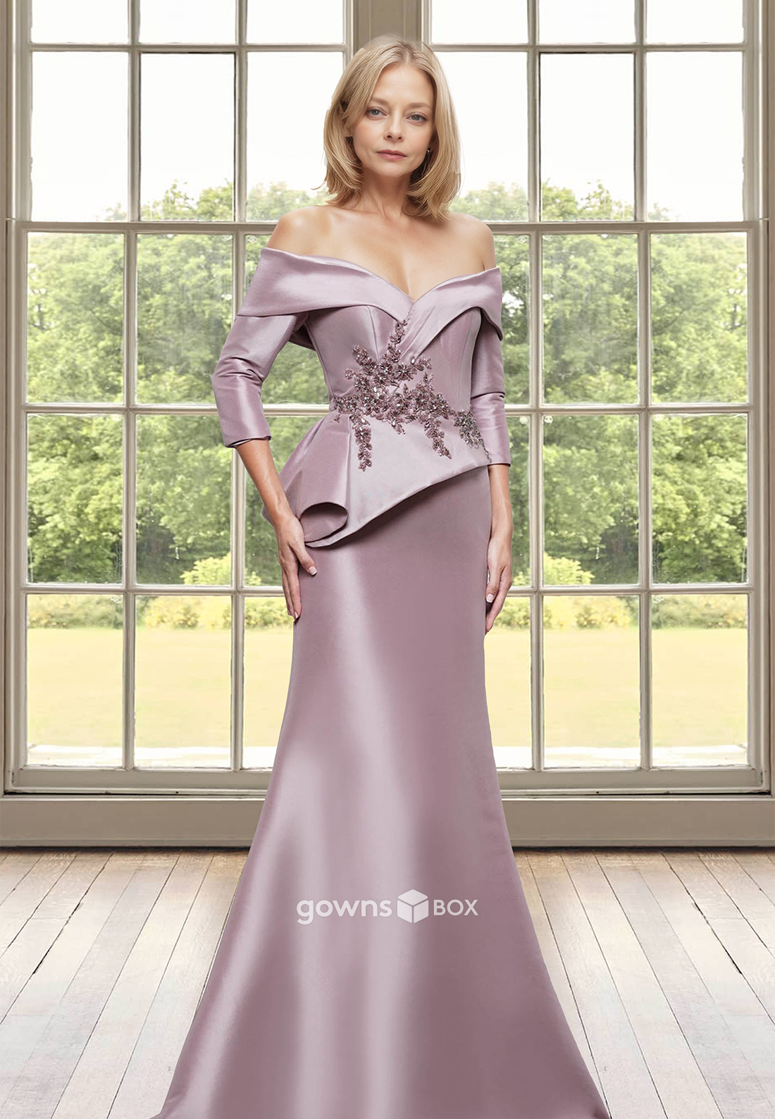 Off-Shoulder Ruched Applique Satin Trumpet  Mother of the Bride Wedding Guest Dress-GownsBox