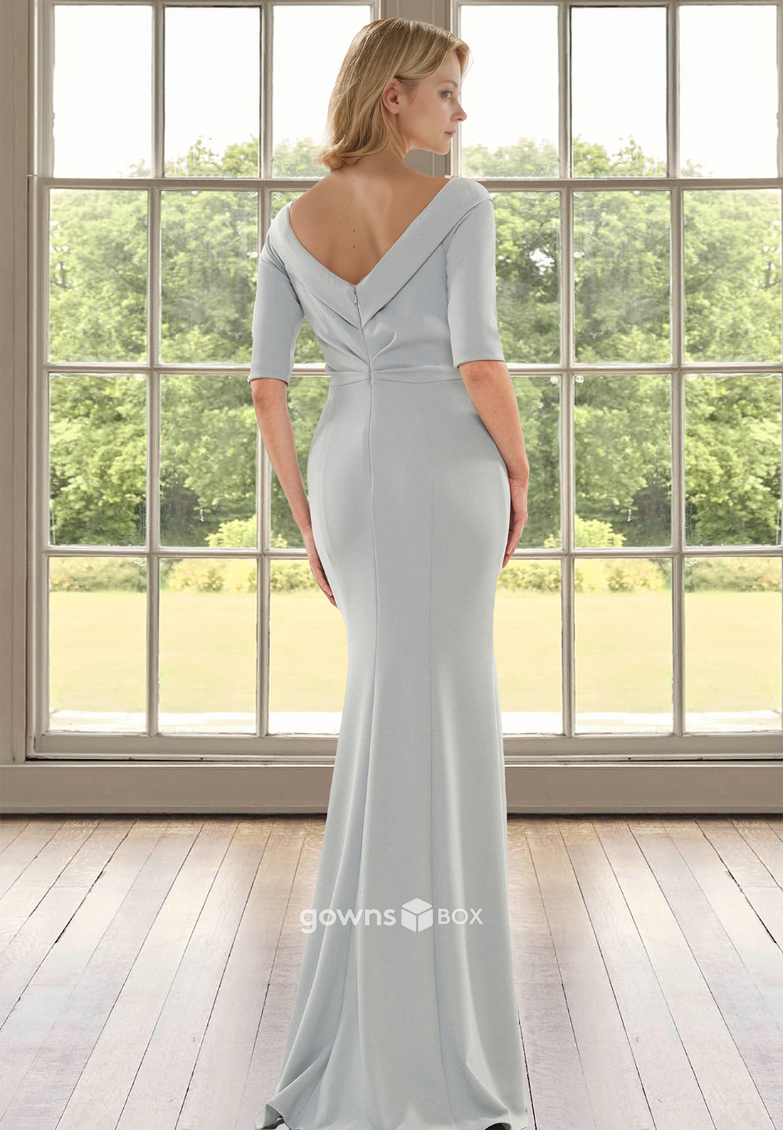 Off-Shoulder Fitted Half Sleeves Long Mother of the Bride Wedding Guest Dress-GownsBox