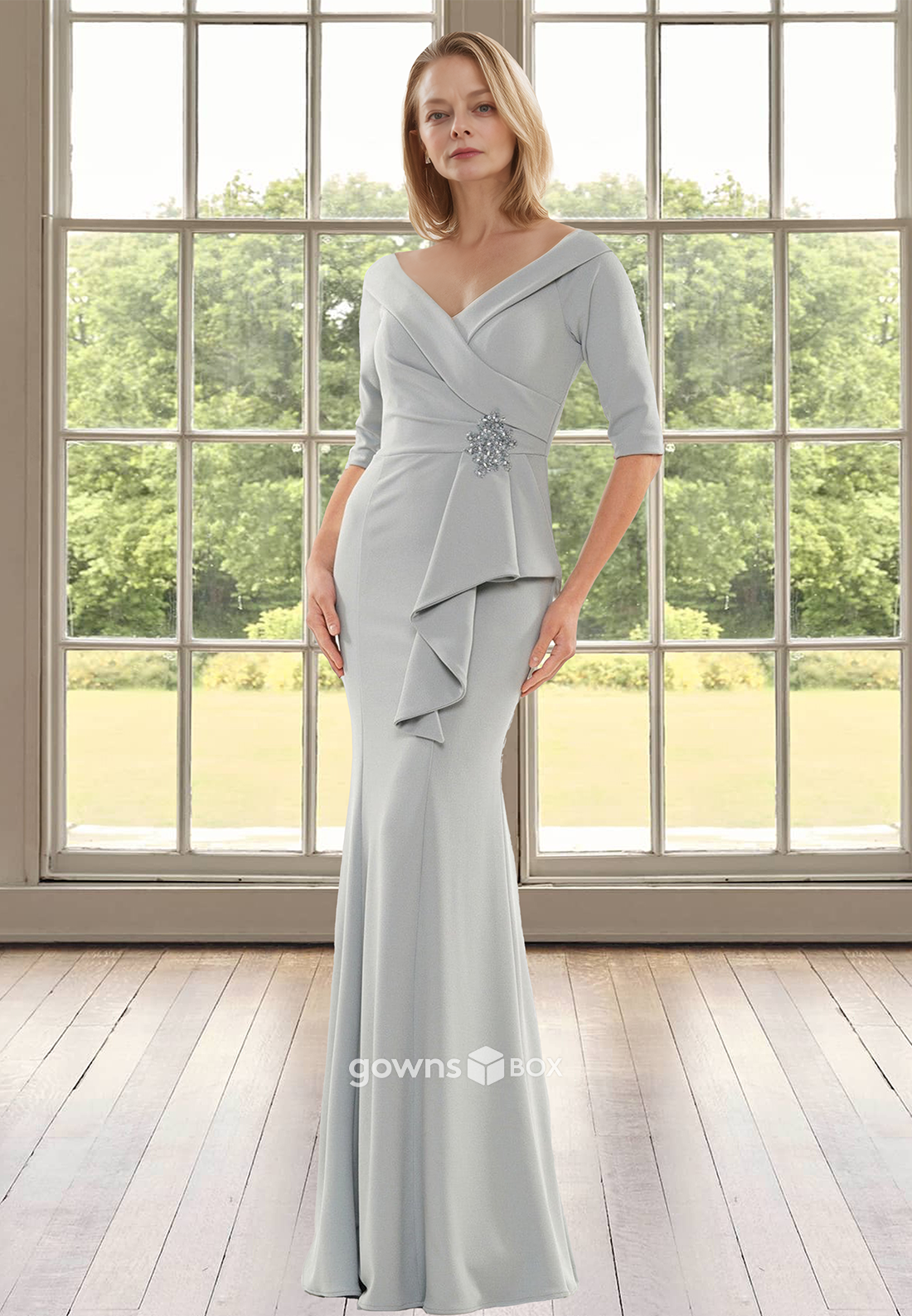 Off-Shoulder Fitted Half Sleeves Long Mother of the Bride Wedding Guest Dress-GownsBox