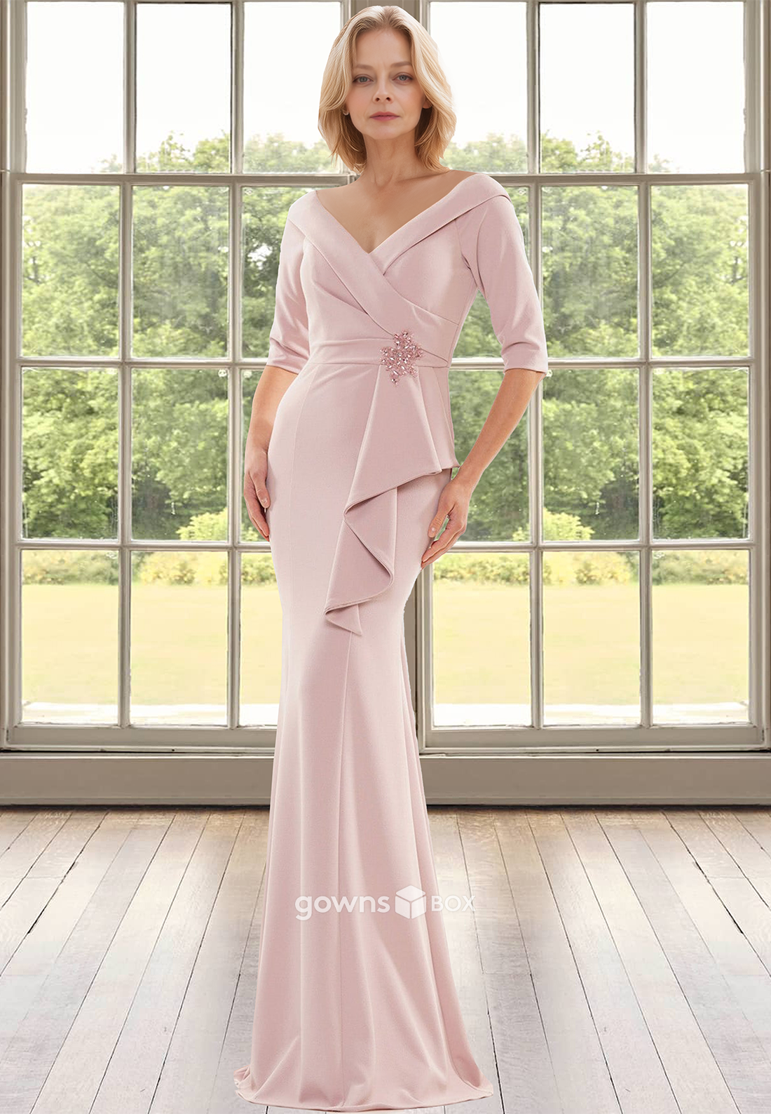 Off-Shoulder Fitted Half Sleeves Long Mother of the Bride Wedding Guest Dress-GownsBox
