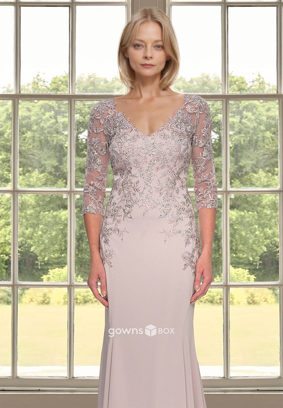 Applique Long Sleeves Sheath Long Mother of the Bride Wedding Guest Dres-GownsBox