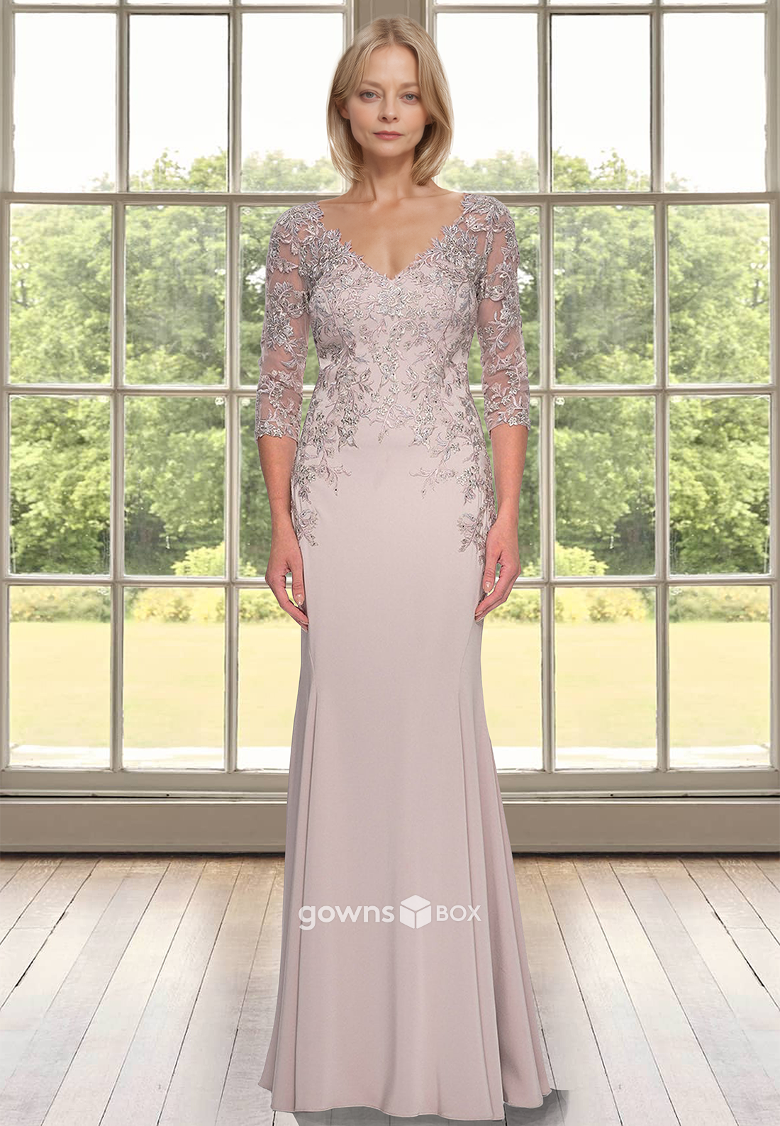 Applique Long Sleeves Sheath Long Mother of the Bride Wedding Guest Dres-GownsBox