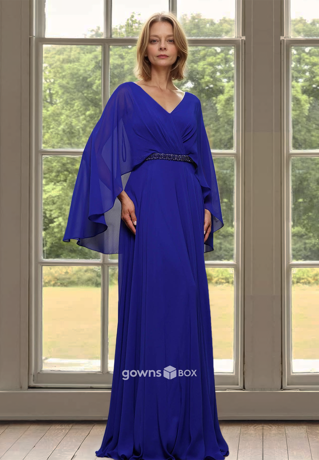 Chiffon Loose  Long A-Line Sleeves Mother of the Bride Wedding Guest Dress-GownsBox