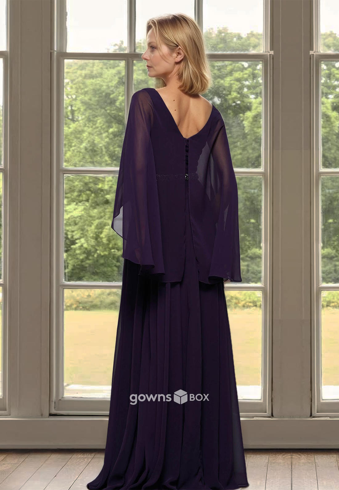 Chiffon Loose  Long A-Line Sleeves Mother of the Bride Wedding Guest Dress-GownsBox