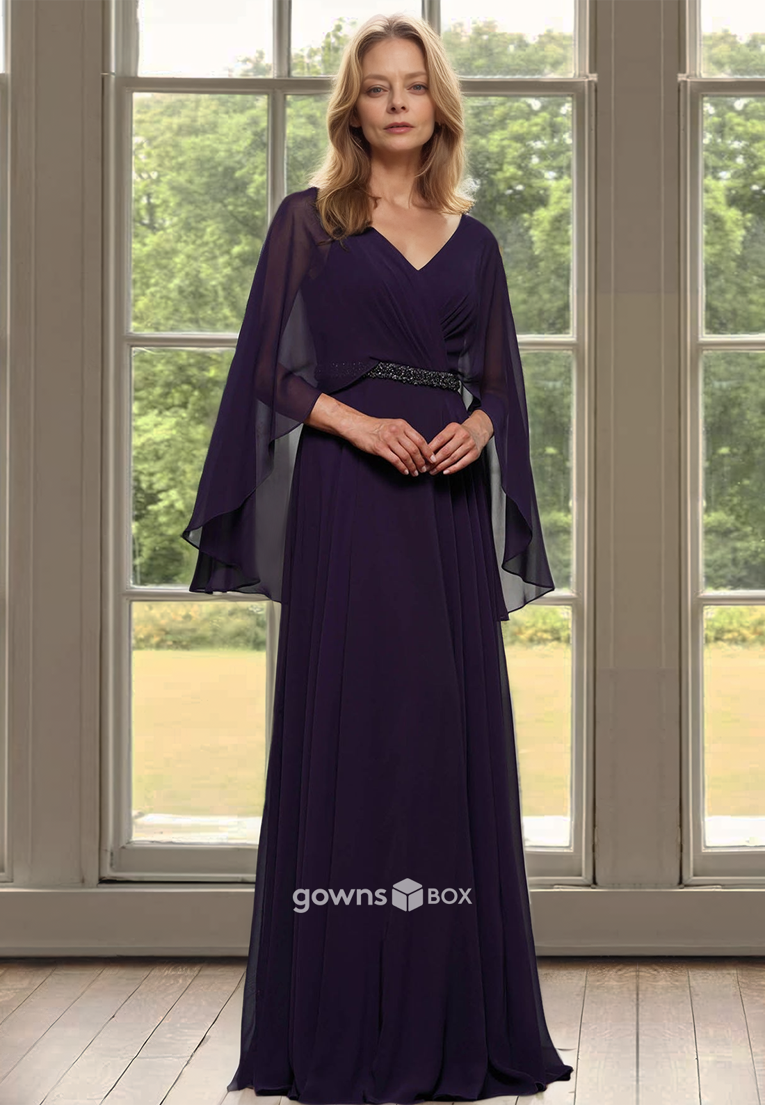 Chiffon Loose  Long A-Line Sleeves Mother of the Bride Wedding Guest Dress-GownsBox