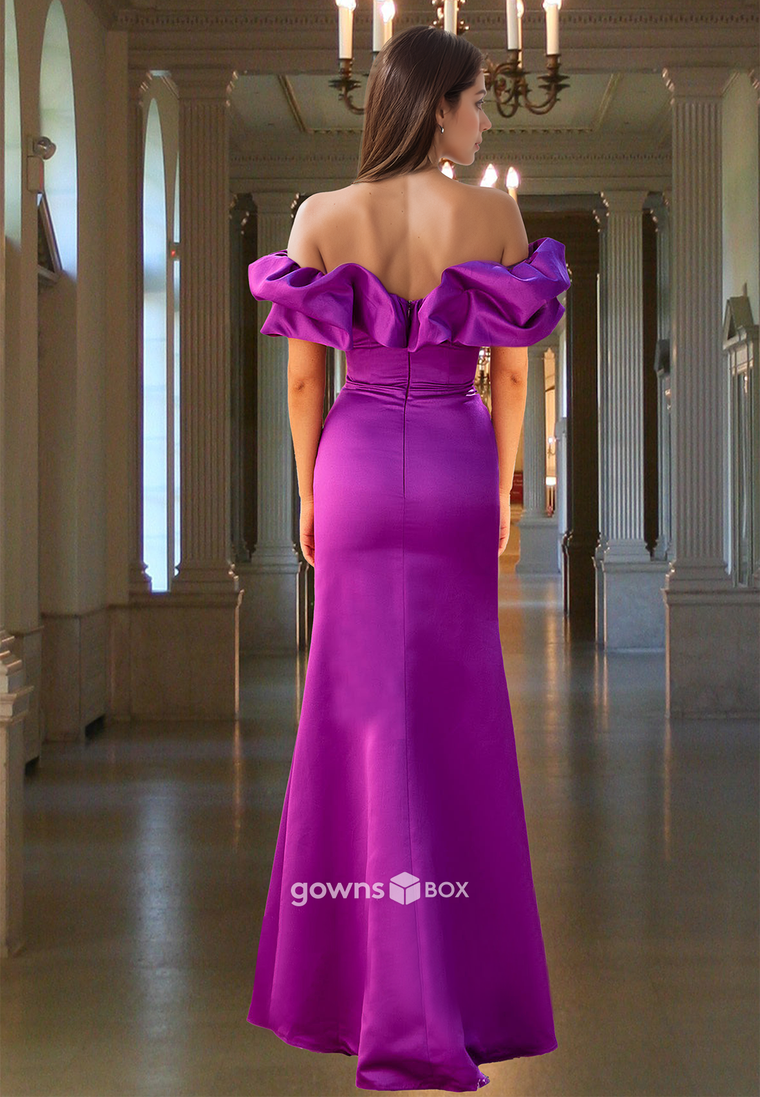 Chic Purple Off-Shoulder Sheath with Slit Satin Formal Party Evening Dress-GownsBox