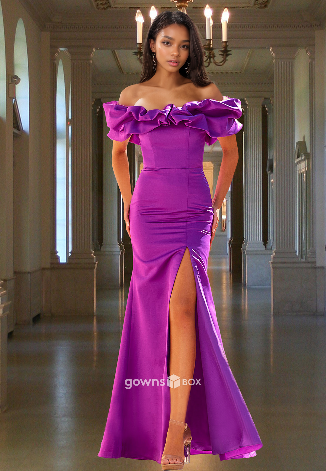 Chic Purple Off-Shoulder Sheath with Slit Satin Formal Party Evening Dress-GownsBox