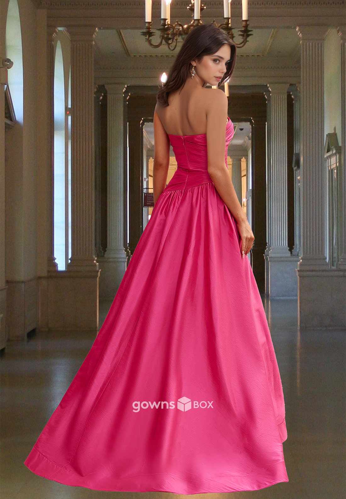 Chic Satin Asymmetrical Ruched Pink A-Line Formal Party Evening Dress-GownsBox