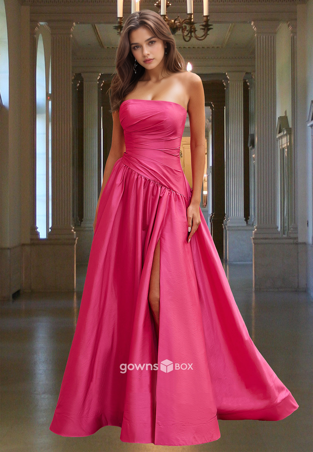 Chic Satin Asymmetrical Ruched Pink A-Line Formal Party Evening Dress-GownsBox