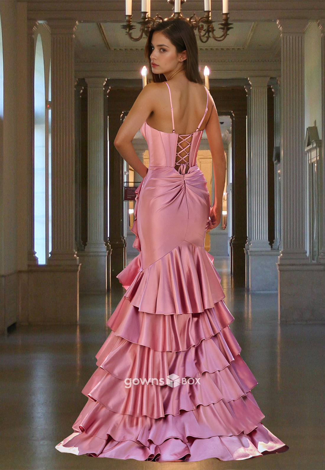 Sexy Tiered Pink Straps Trumpet with Slit Satin Evening Dress Formal Gown-GownsBox