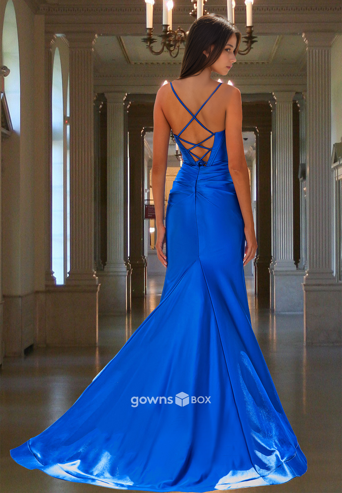Chic Blue Bow Spaghetti Straps Trumpet with Train Formal Evening Dress Party Gown-GownsBox
