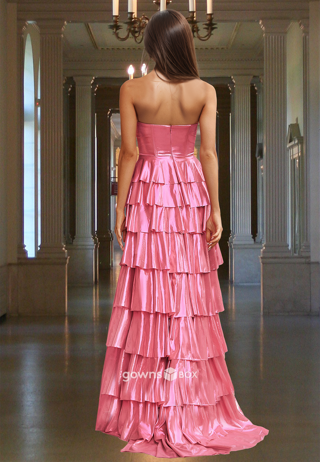 Pink Tiered Sweetheart Formal Quinceanera Evening Prom Dress Ball Gown-GownsBox