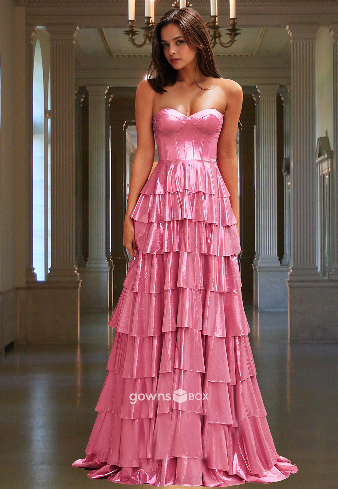 Pink Tiered Sweetheart Formal Quinceanera Evening Prom Dress Ball Gown-GownsBox