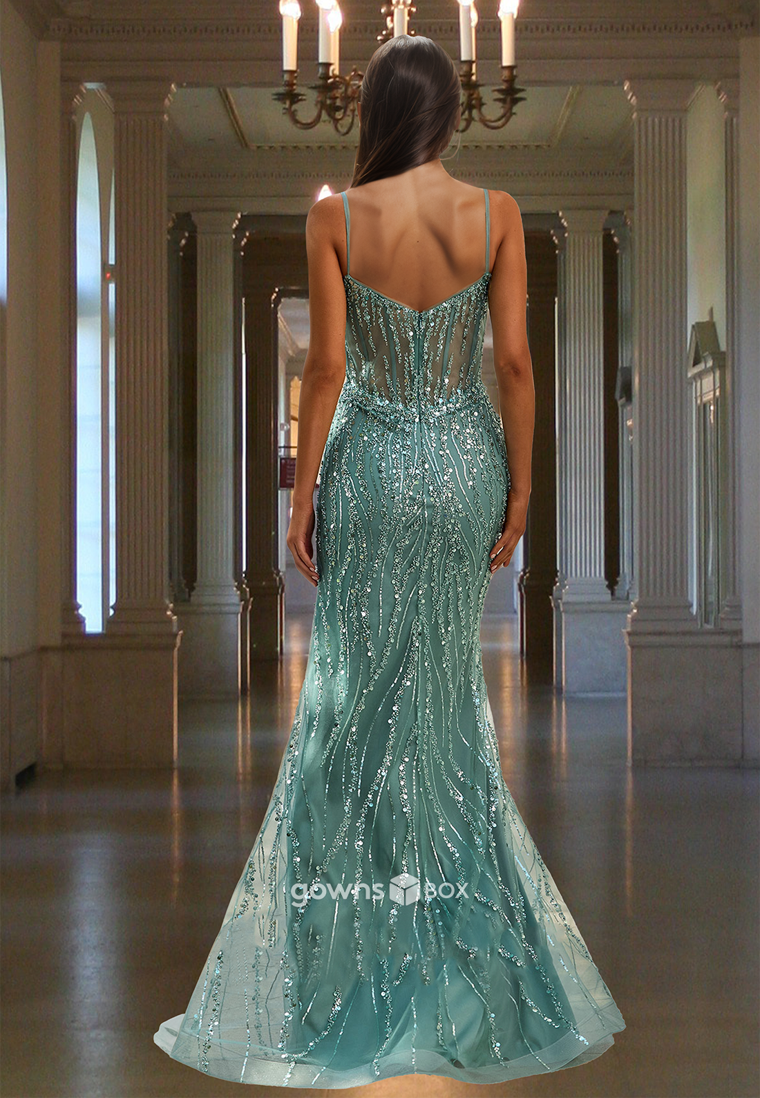 Sparkle Sequined Beaded Spaghetti Straps Long Formal Evening Prom Dress-GownsBox
