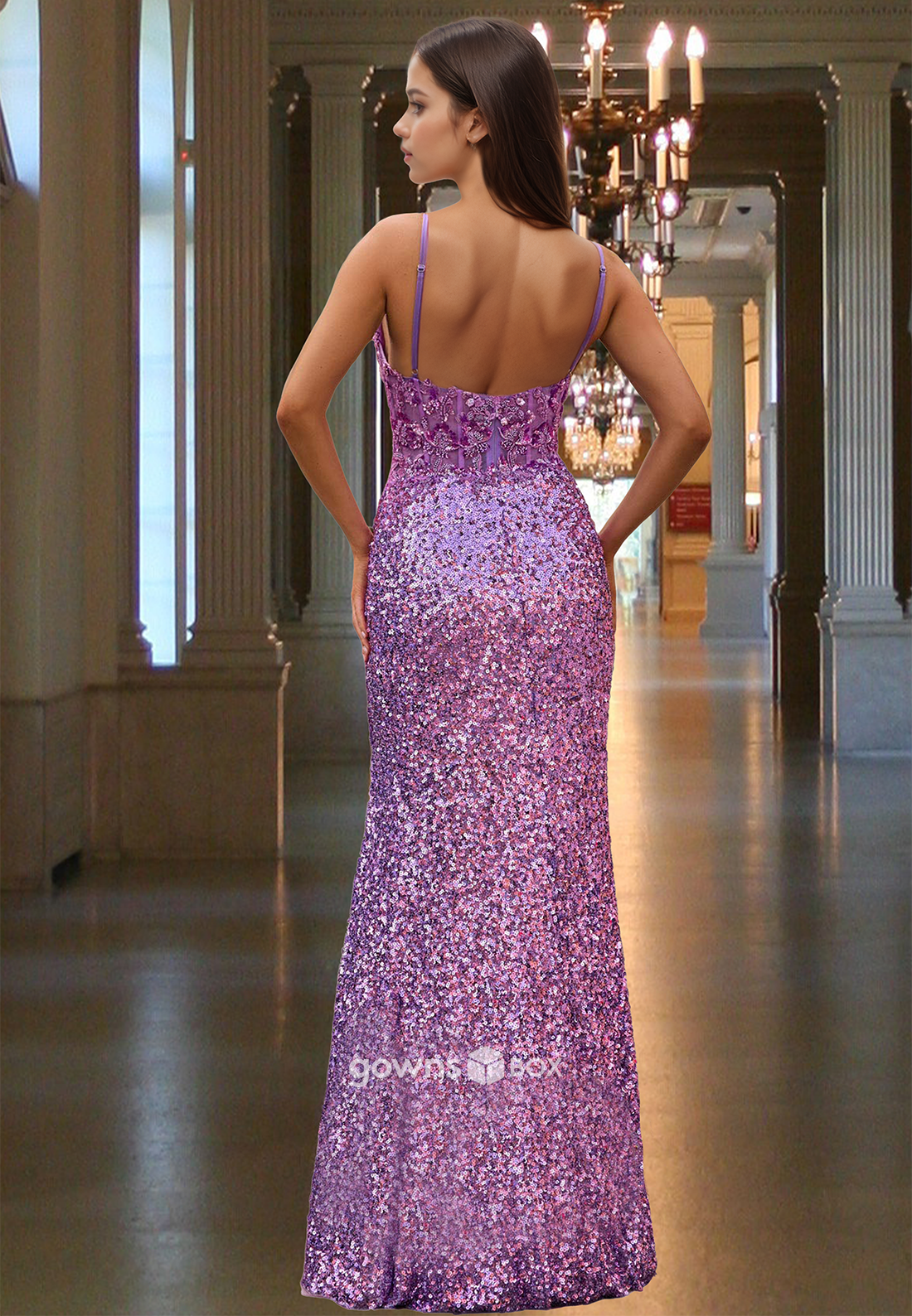 Sparkle Straps Sequined Purple Sheath with Slit Formal Evening Dress-GownsBox