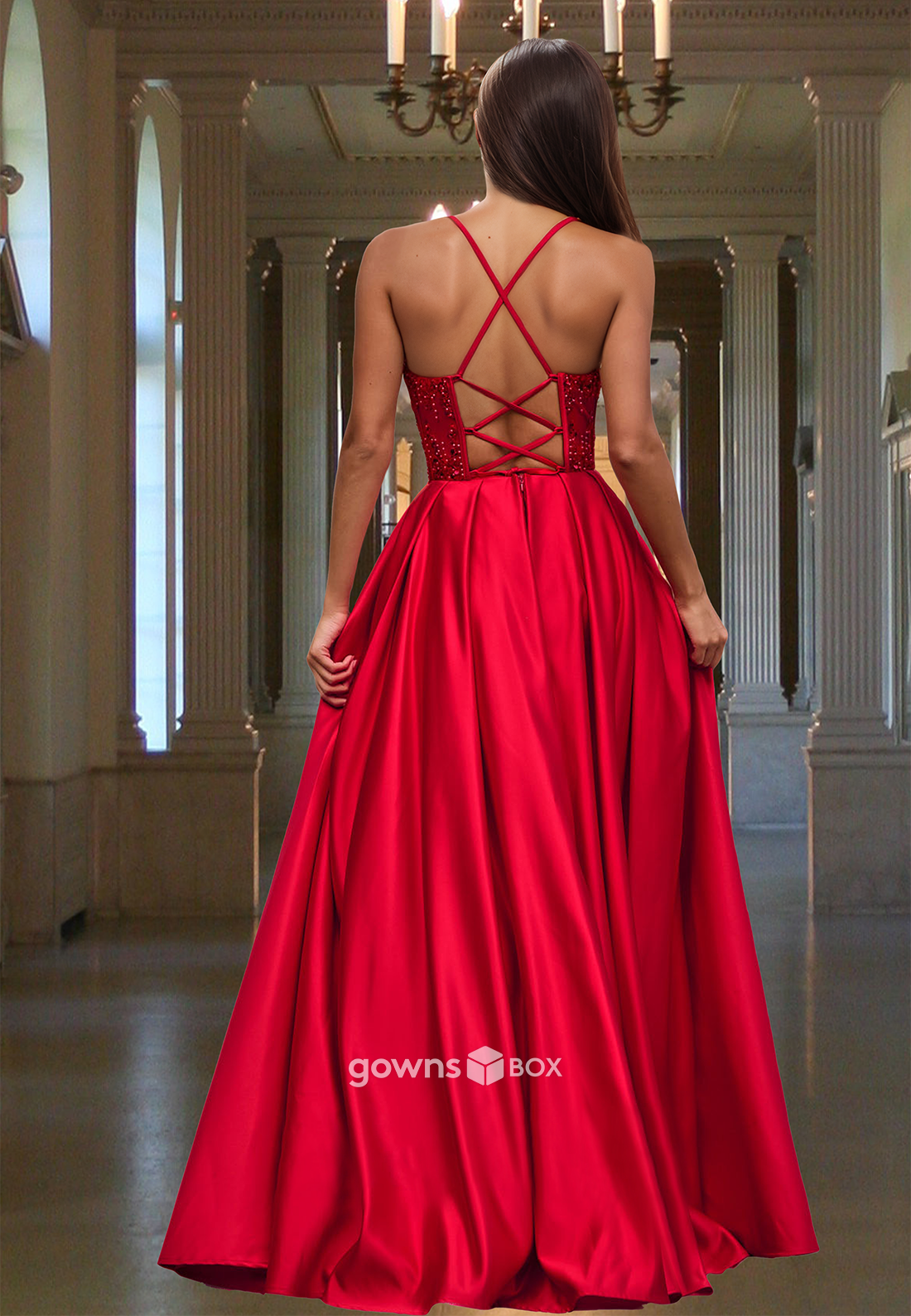 Sequined Applique Red Spaghetti Straps A-Line Prom Dress Ball Gown-GownsBox