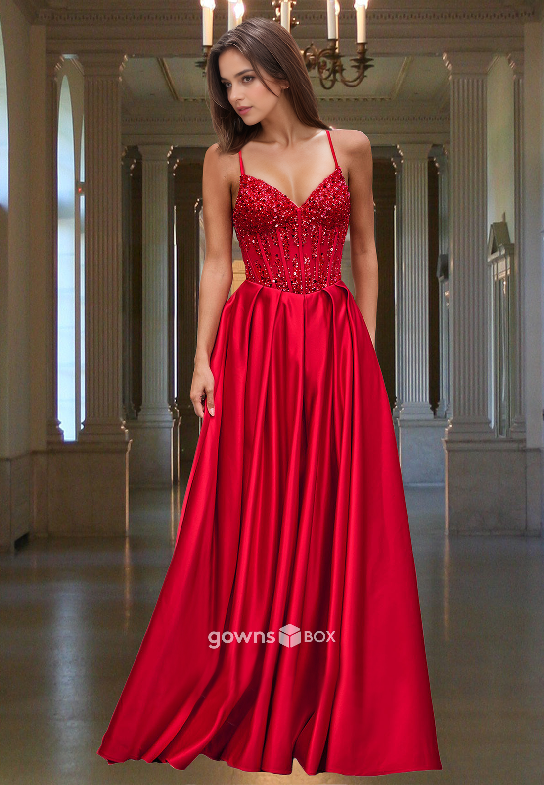 Sequined Applique Red Spaghetti Straps A-Line Prom Dress Ball Gown-GownsBox