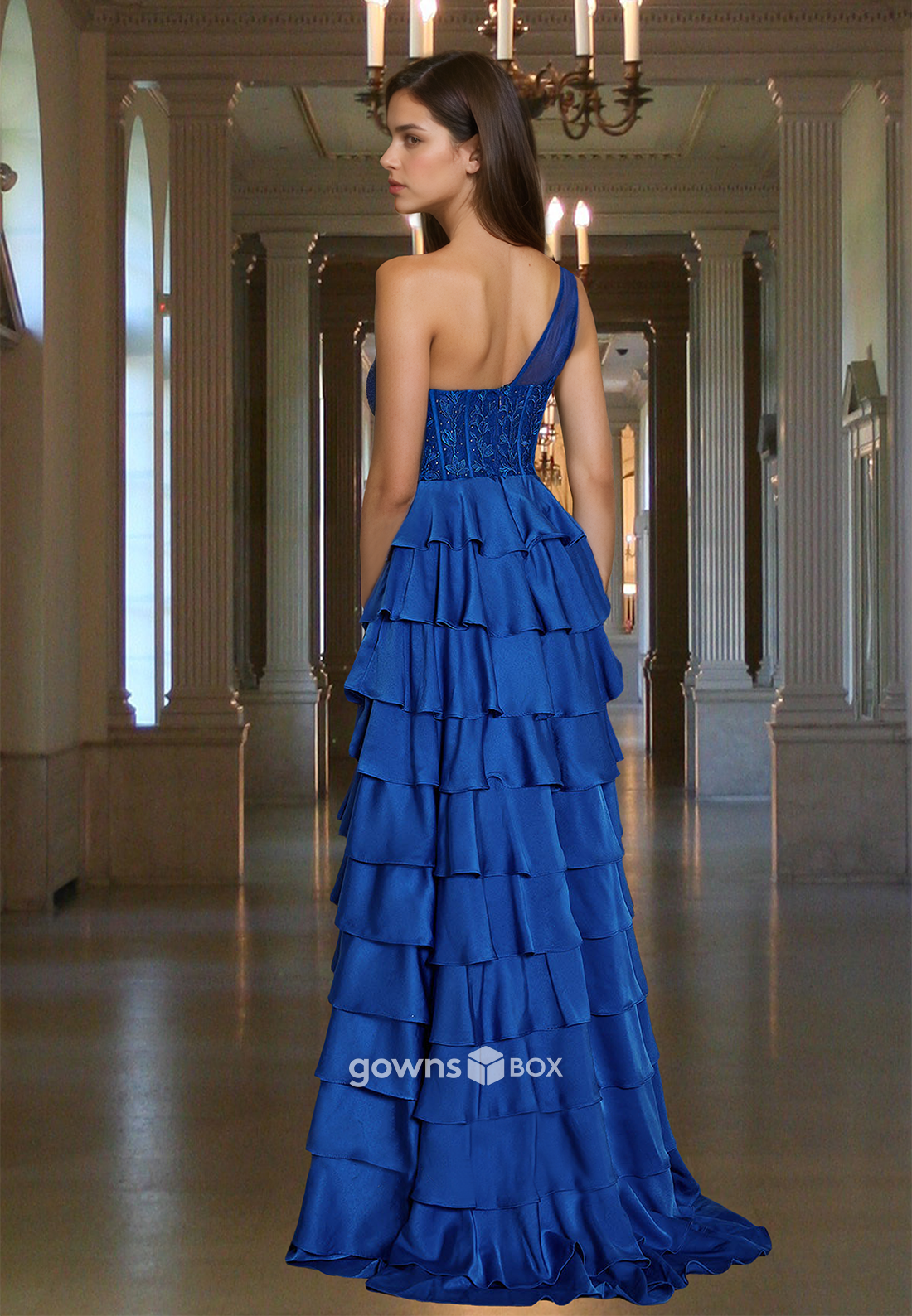 Chic One Shoulder Tiered A-Line Navy Blue Quinceanera Prom Dress Ball Gown-GownsBox