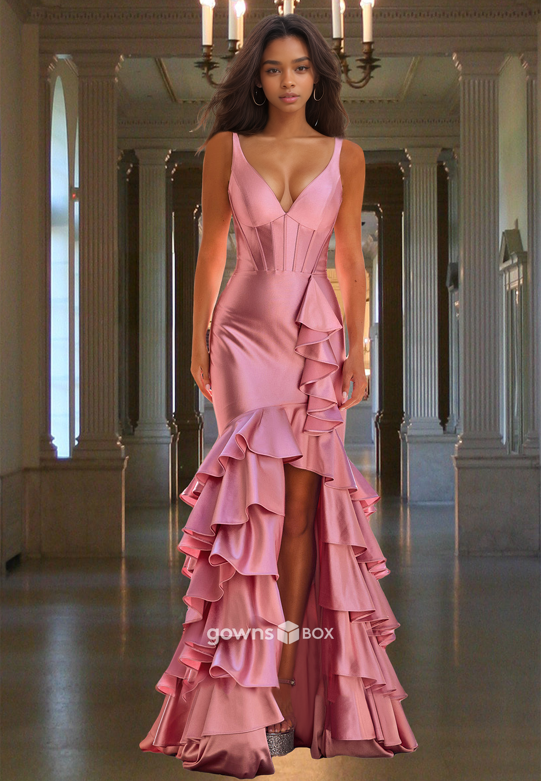 Sexy Tiered Pink Straps Trumpet with Slit Satin Evening Dress Formal Gown-GownsBox