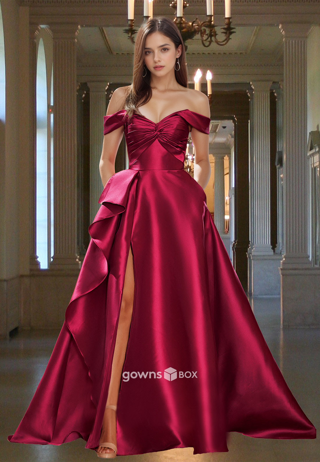 Red Off-Shoulder Ruffles High Slit Ruched Satin A-Line Evening Dress-GownsBox