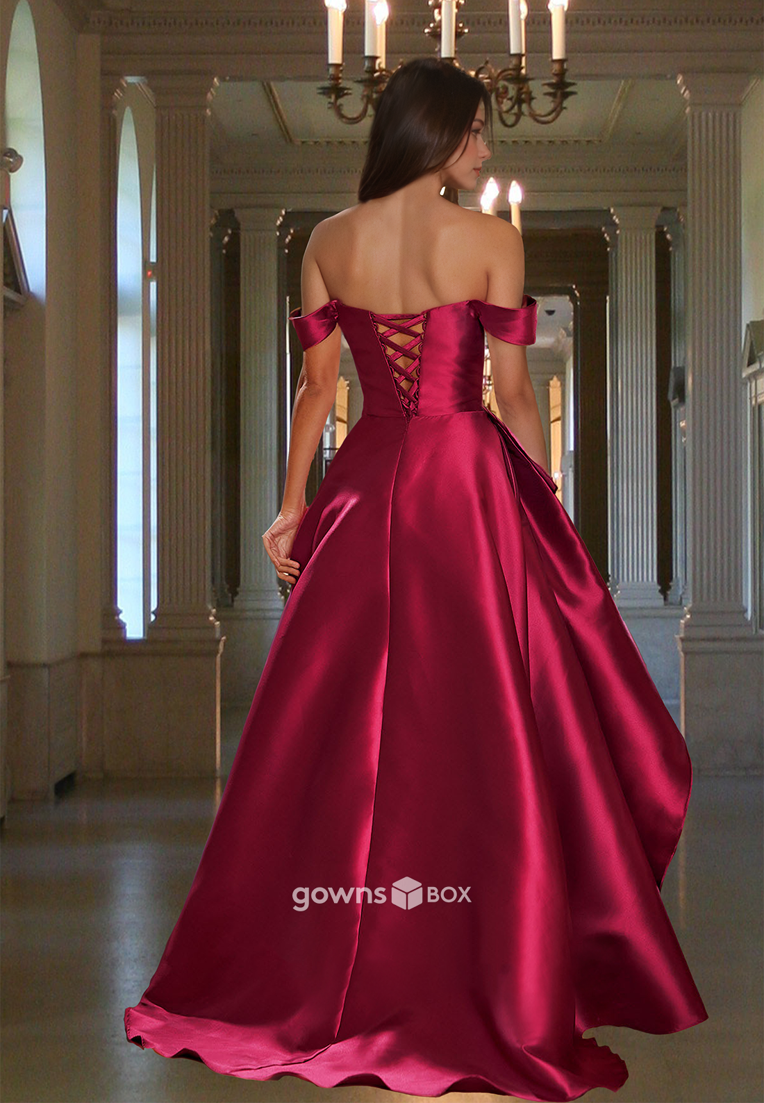 Red Off-Shoulder Ruffles High Slit Ruched Satin A-Line Evening Dress-GownsBox