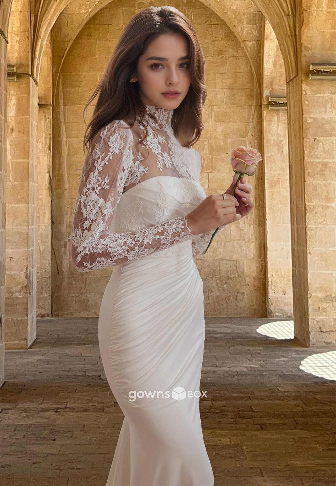 High Neck Sheer Applique Long Sleeves Empire Mermaid Wedding Dress Bride Gown-GownsBox