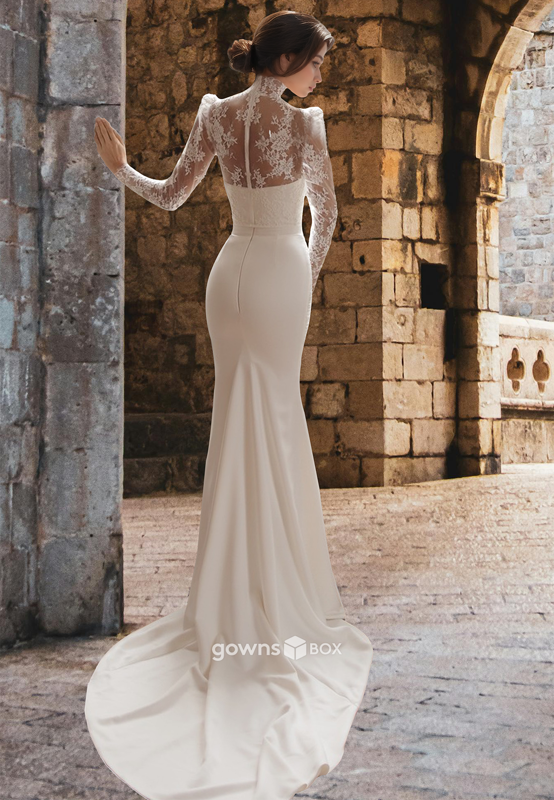 High Neck Sheer Applique Long Sleeves Empire Mermaid Wedding Dress Bride Gown-GownsBox