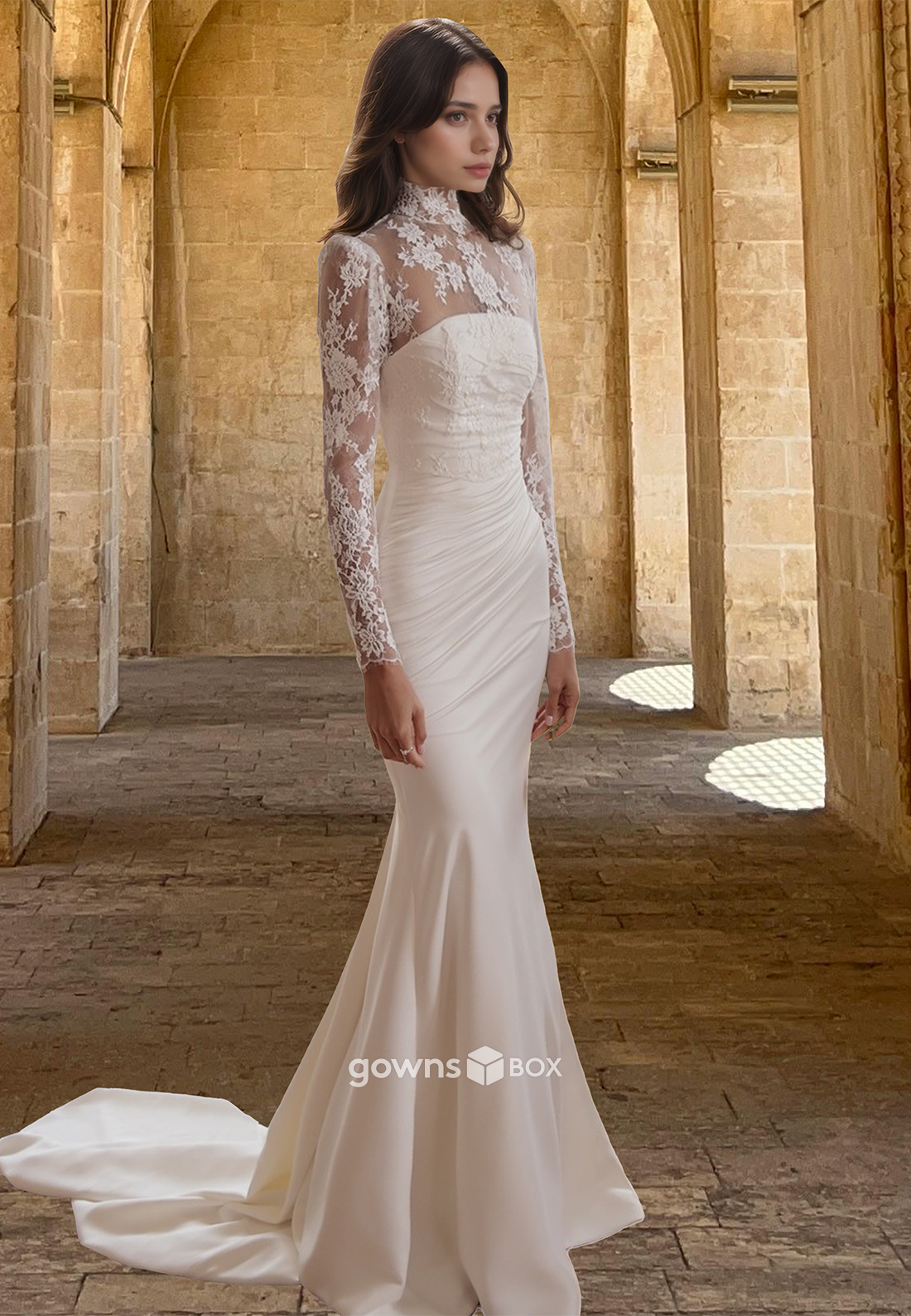 High Neck Sheer Applique Long Sleeves Empire Mermaid Wedding Dress Bride Gown-GownsBox