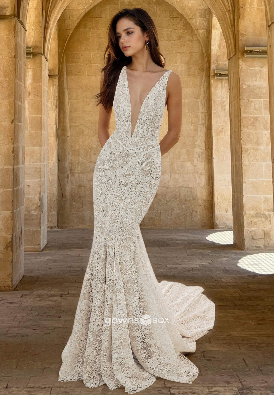 Sexy Lace V-Neck Mermaid Backless Applique with Train Bride Wedding Dress-GownsBox