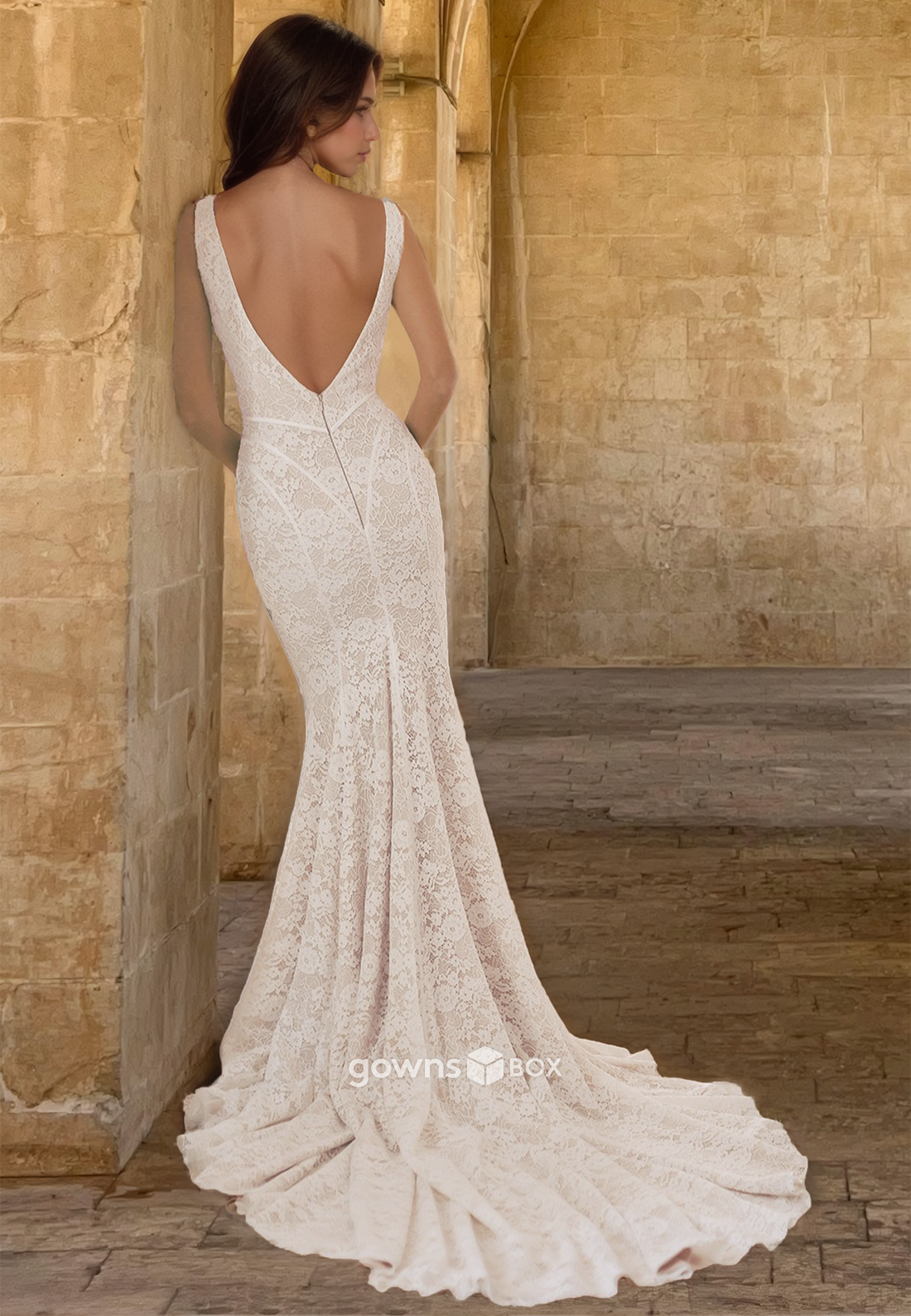 Sexy Lace V-Neck Mermaid Backless Applique with Train Bride Wedding Dress-GownsBox