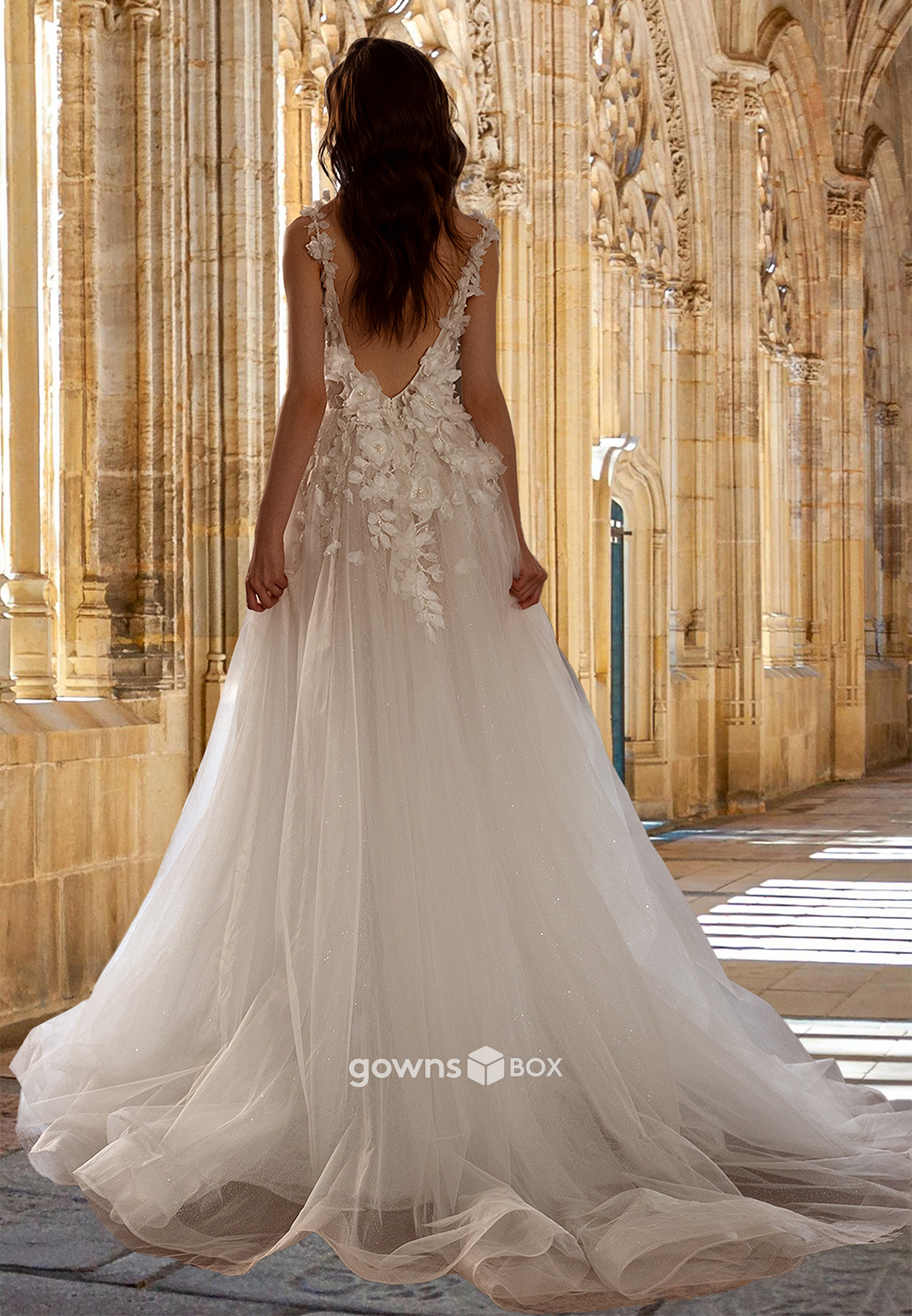 Floral Spaghetti Straps Tulle Wedding Dress Flowers Open Back Bride Gown-GownsBox