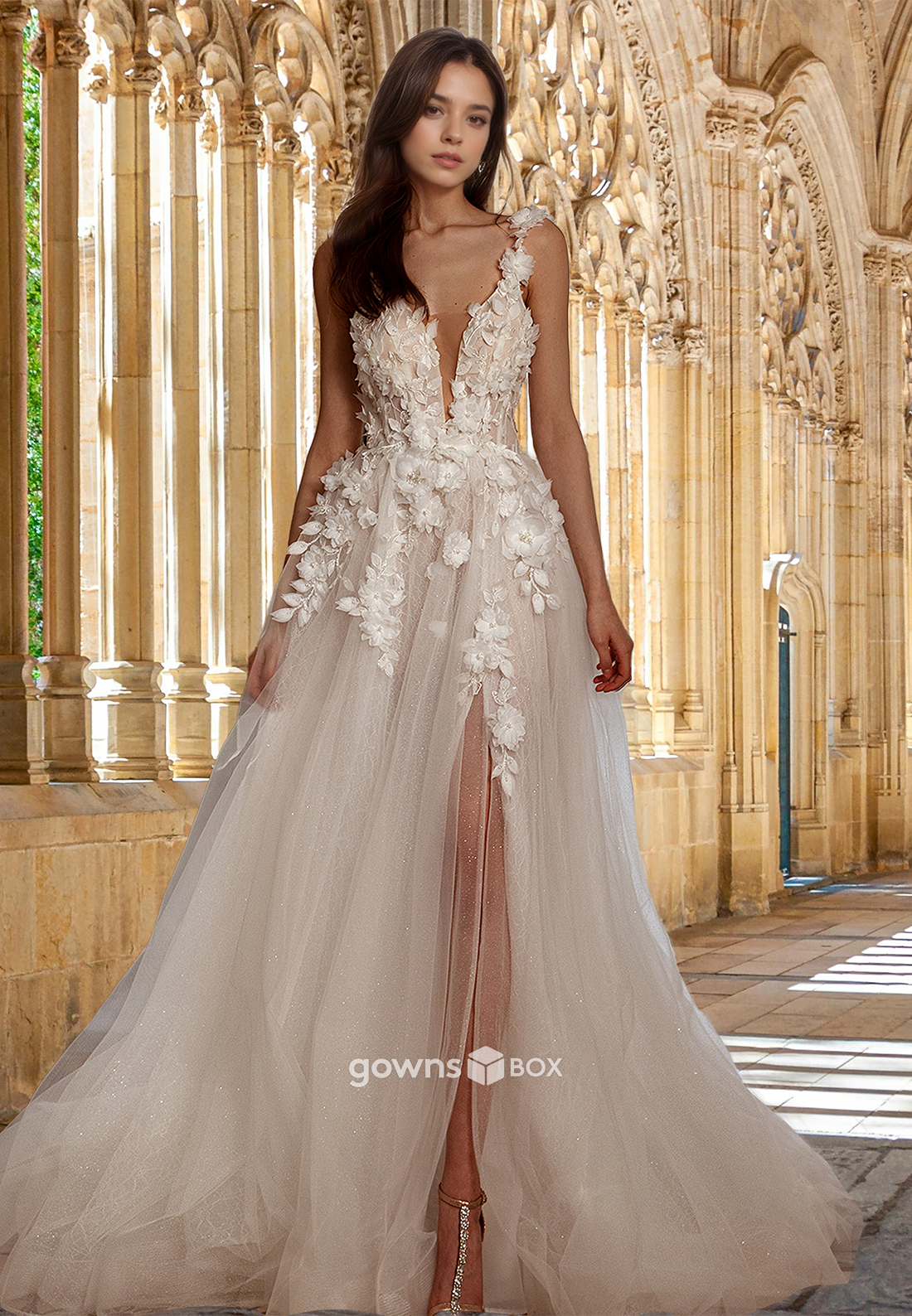 Floral Spaghetti Straps Tulle Wedding Dress Flowers Open Back Bride Gown-GownsBox