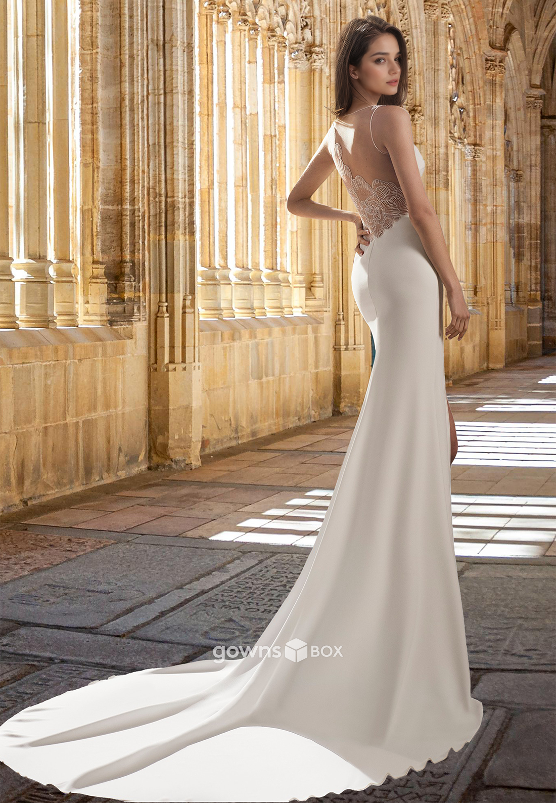 Sexy V-Neck Slit Simple Sleeveless Satin with Train Engagement Wedding Dress-GownsBox