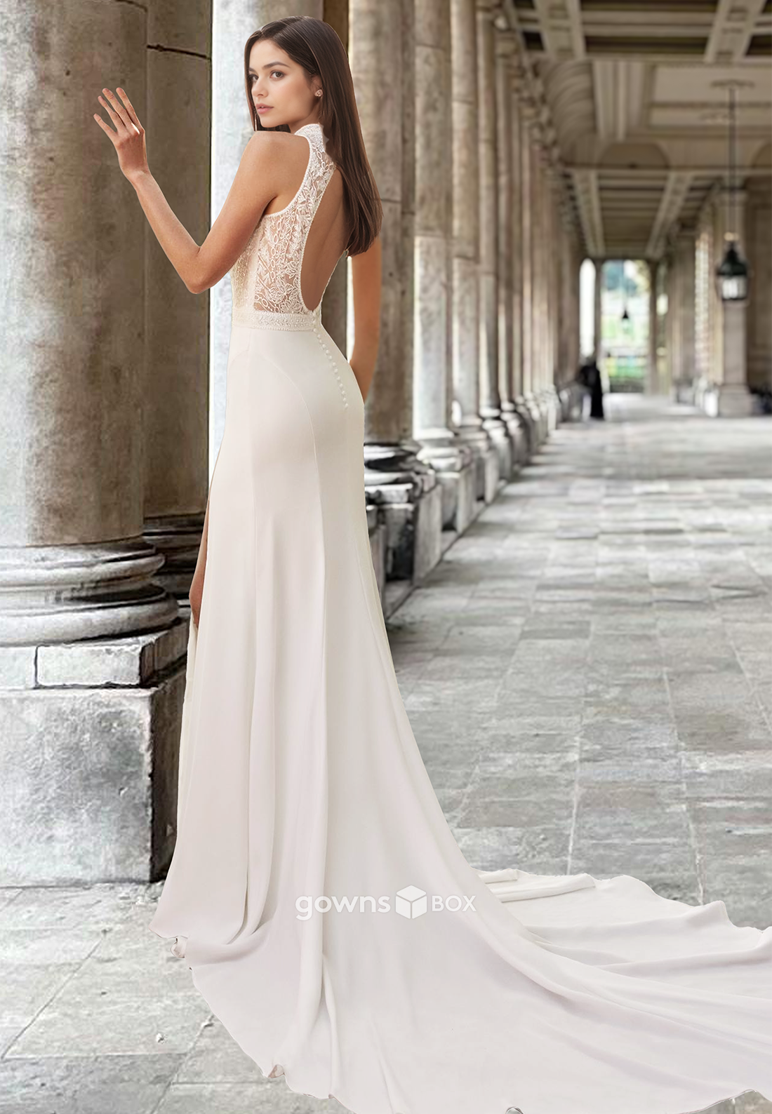 Sexy High Neck Sleeveless Applique Sheath with Train Beach Wedding Dress-GownsBox