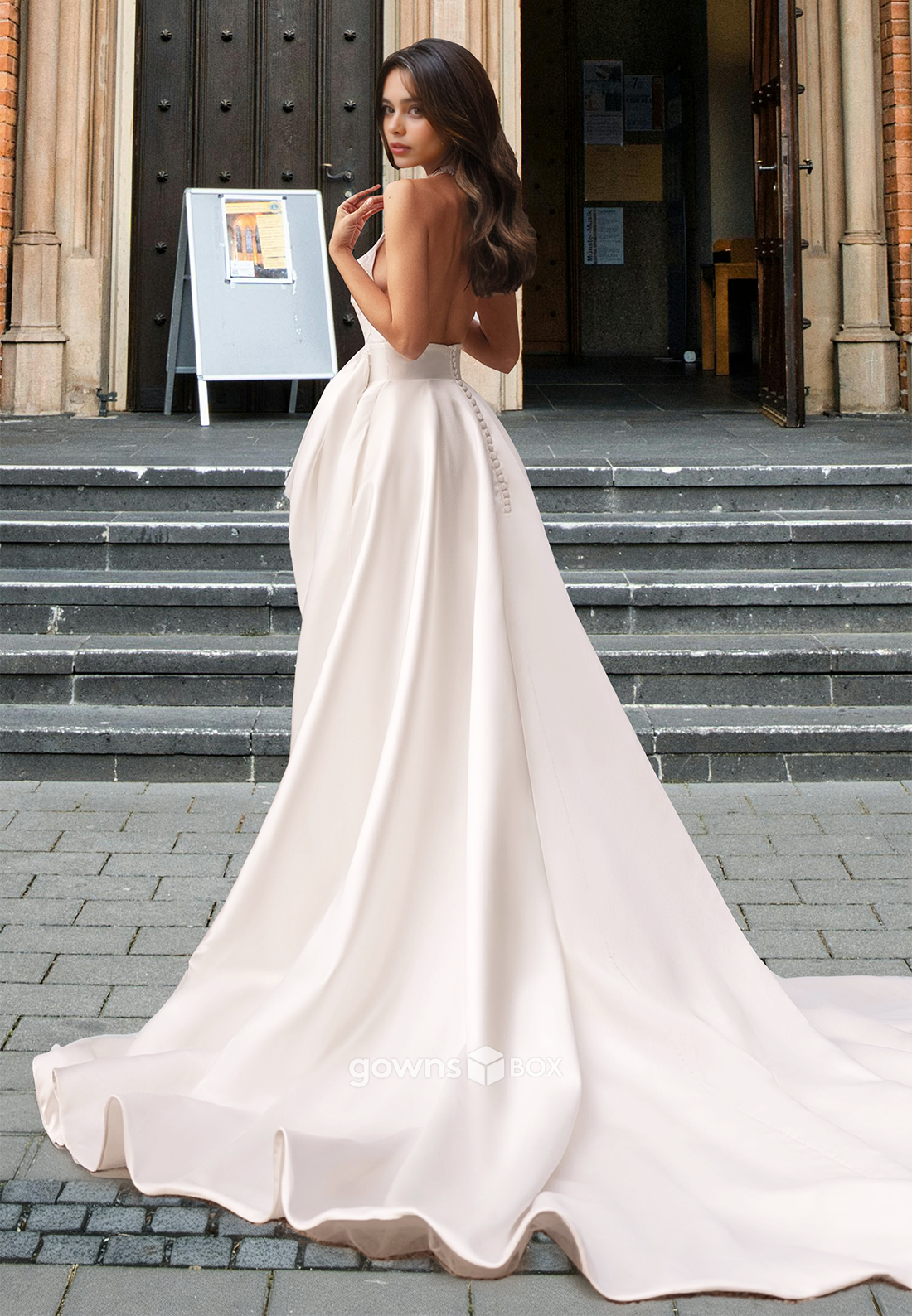 Chic Deep V-Neck Bow Applique Sleeveless A-Line Satin Wedding Dress-GownsBox