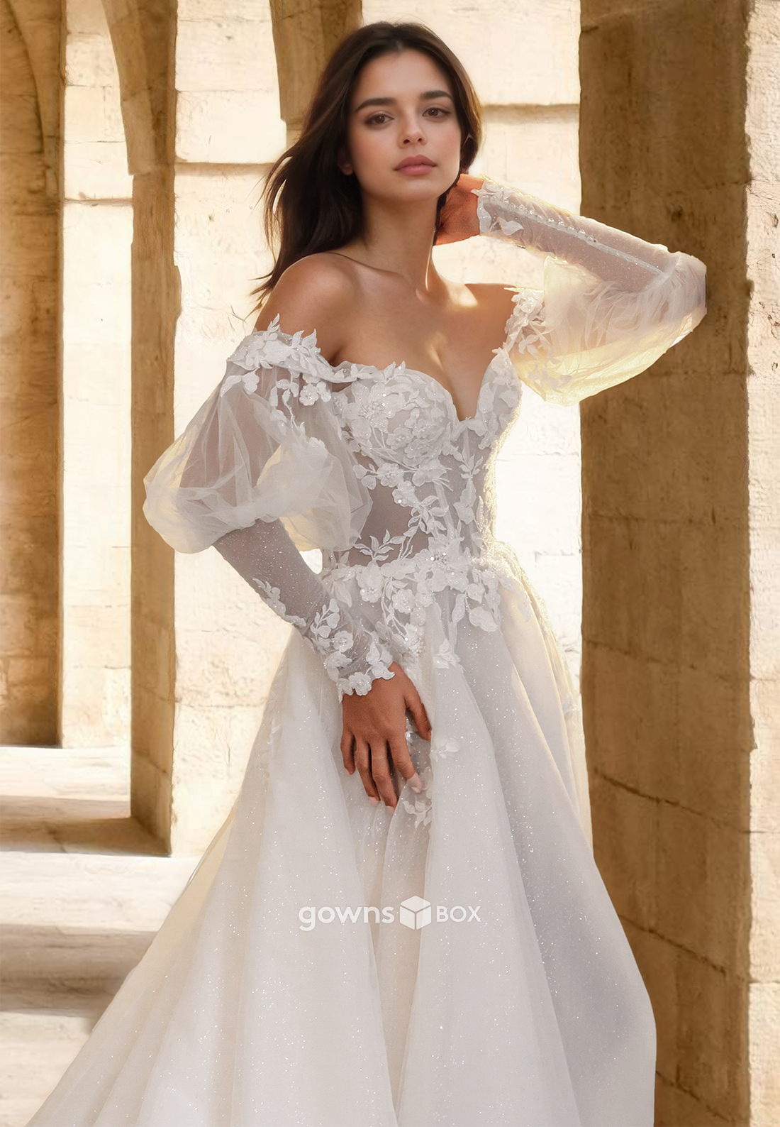 Qute Puff Sleeves Off-Shoulder Applique A-Line Engagement Wedding Dress-GownsBox