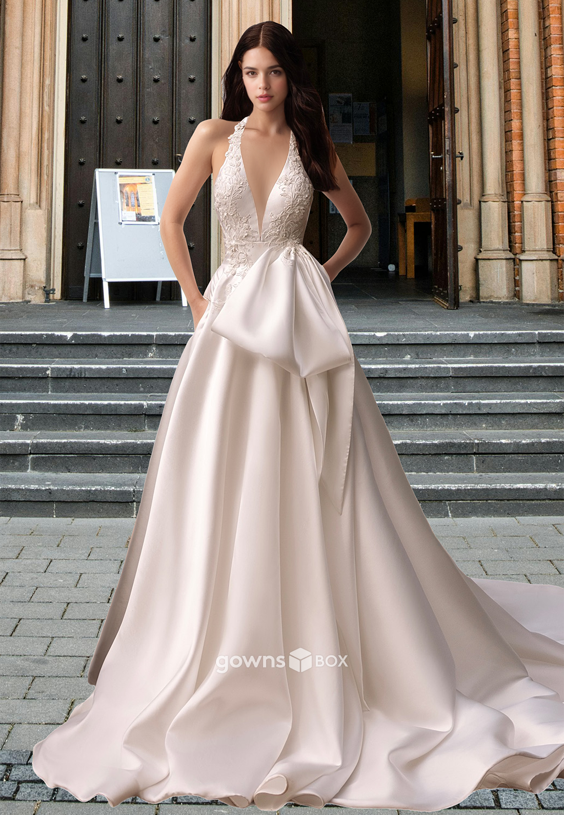 Chic Deep V-Neck Bow Applique Sleeveless A-Line Satin Wedding Dress-GownsBox
